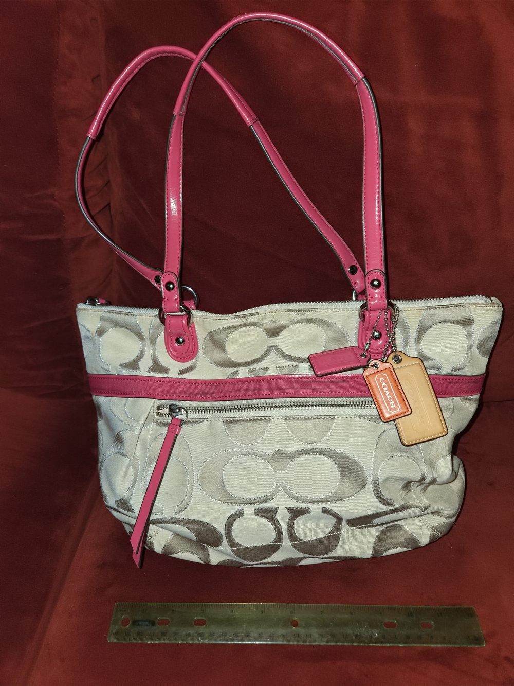 Coach Beige Canvas Shoulder Bag with Pink Trim and Tags